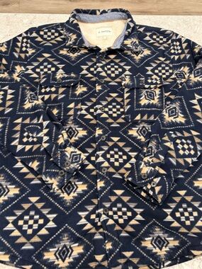 Aurora Men's Navy & Cream Patterned Lightweight Fleece Shirt Jacket-Large